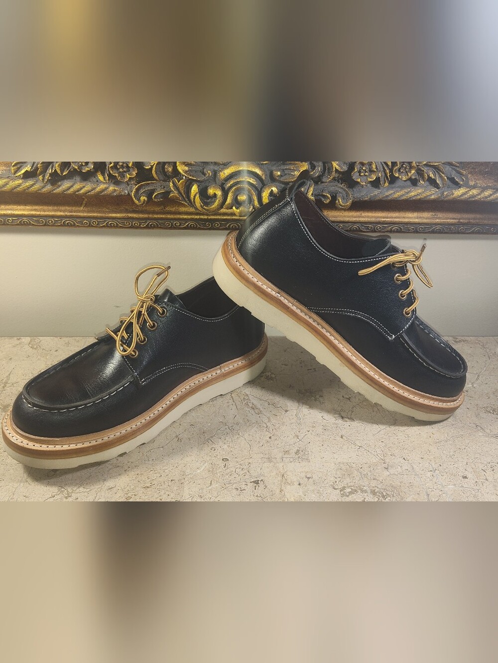 Craft& Glory Moc Toe 2.0 Black Leather Derby with Cream Sole and Tan Laces